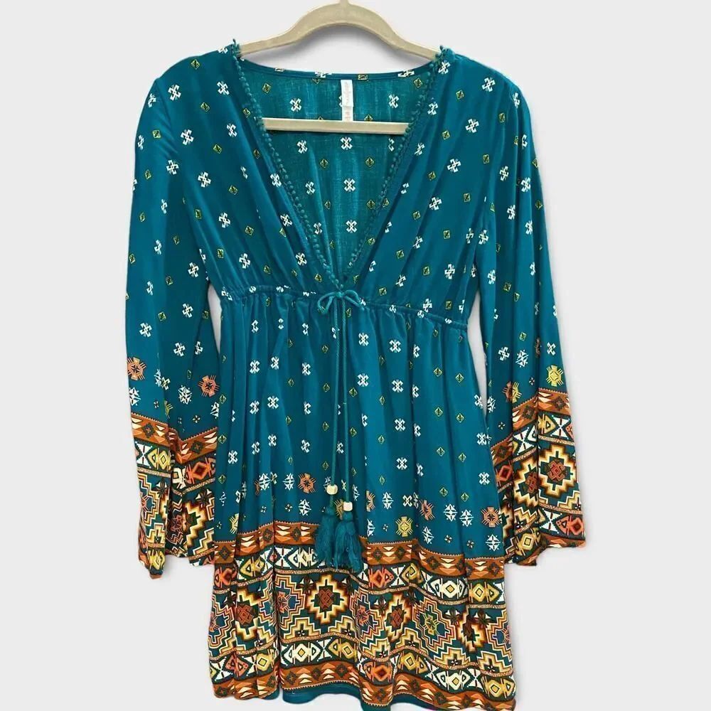 Xhiliration Green Aztec Print Long Bell Sleeve Dress
